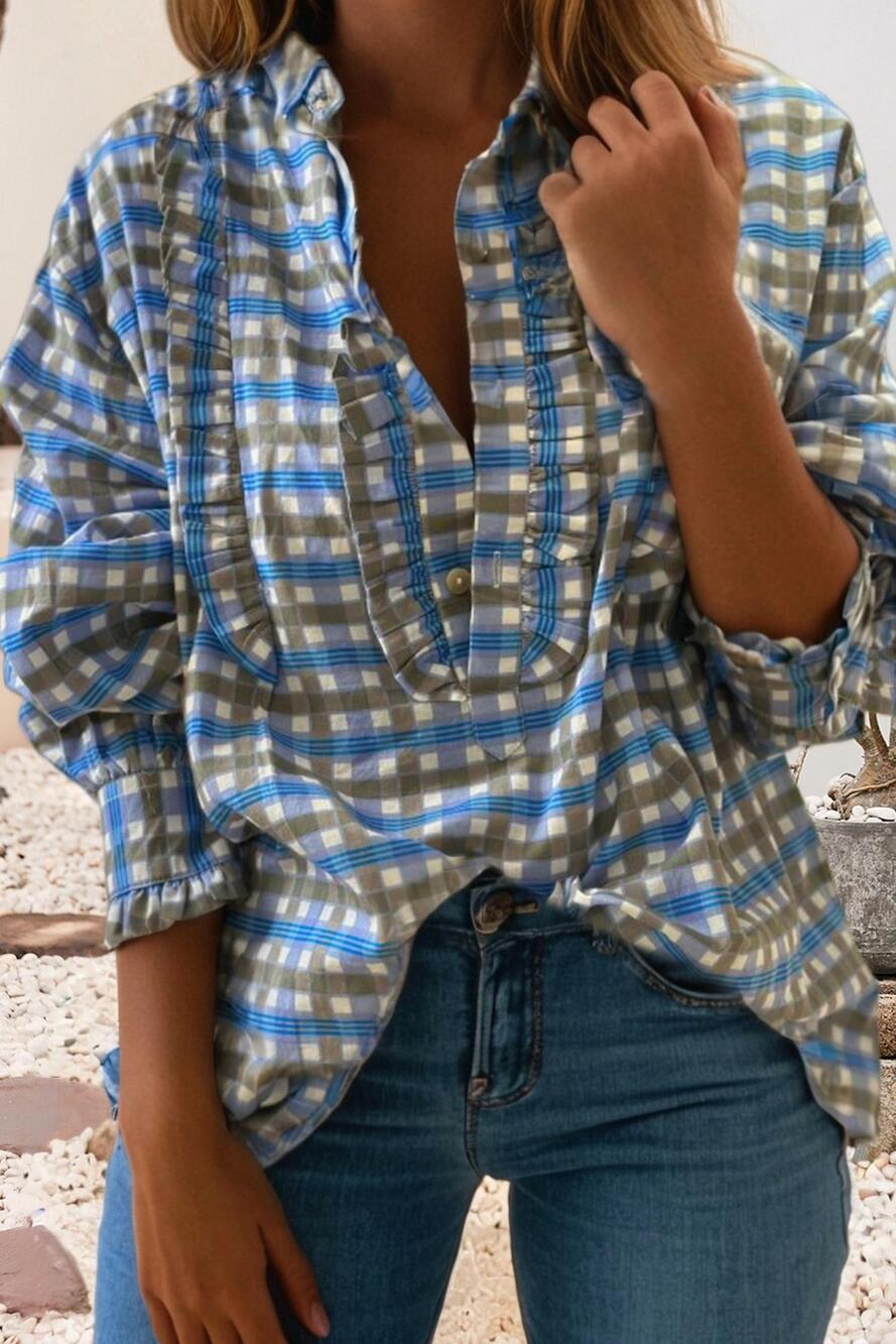 NEW LITTLE DAISY CLOSET plaid long sleeve frilled detail half button blouse in s